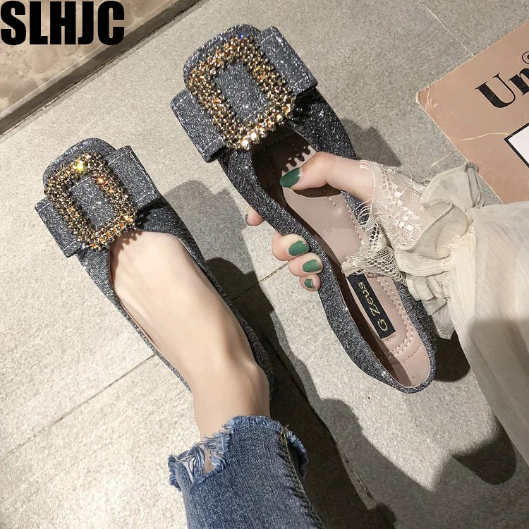 

SLHJC Square Toe Crystal Buckle Flats Shoes Women Spring Autumn Fashion Sequined Cloth Ballet Flat Heel Shoes Slip On