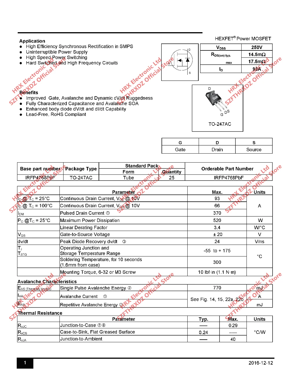 IRFP4768PBF TO-247 IRFP4768 TO247 MOSFET MOSFT 250V 93A 21mOhm 195nC Qg 25 шт/трубка(25 шт