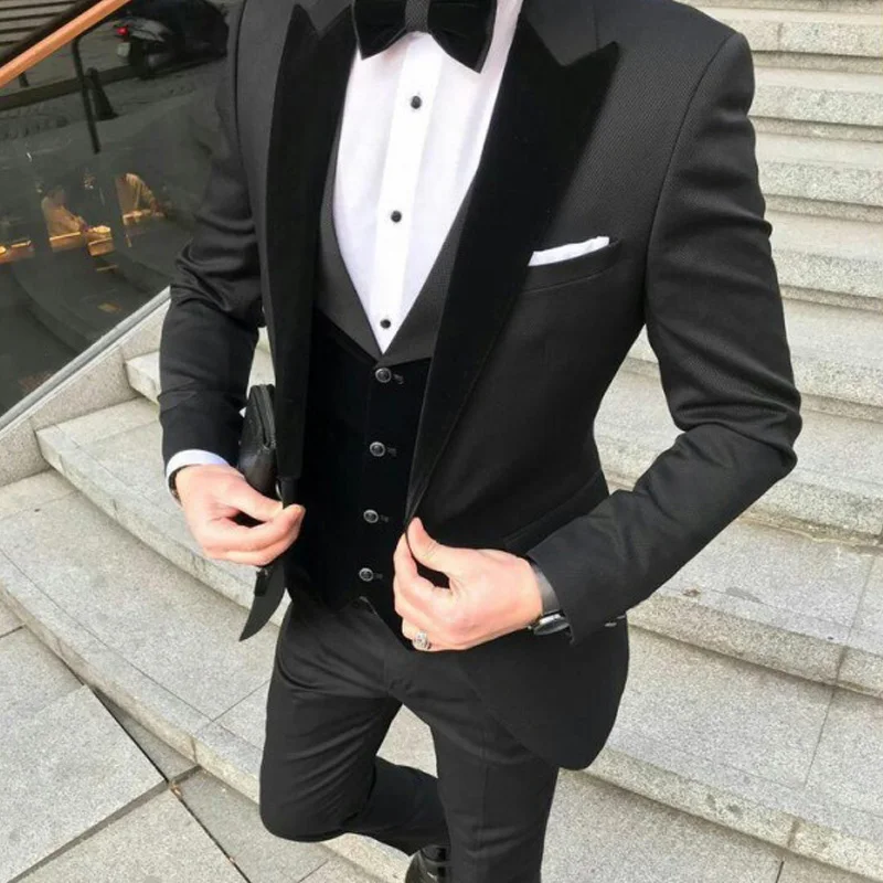 Black 3 Pieces Tailcoat Groom Tuxedos Best Men Formal Business Wedding Prom Suit 