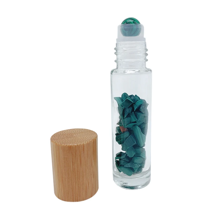 Натуральный драгоценный камень роликовая бутылка бамбуковая крышка деревянная зерно пластиковая крышка бутылка эфирного масла кварцевый ролик P234