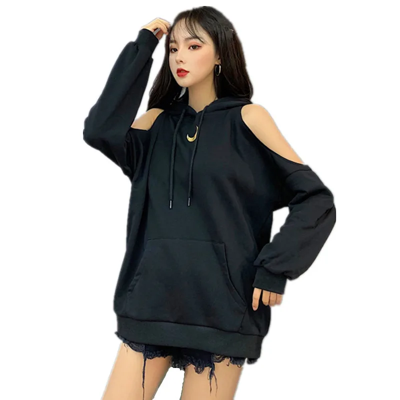  2019 Autumn New Gothic Hooded Sweatshirt Women Harajuku Streetwear Moon Printed Cold Shoulder Long 