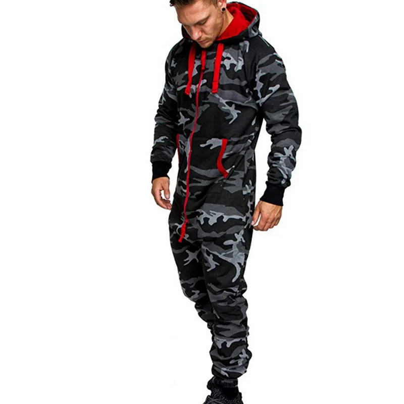 

Men One Piece Sets 2020 New Autumn Winter Men's Hooded Fleece Jumpsuit Camouflage Print Casual Pajamas Suit Men Winter Clothing