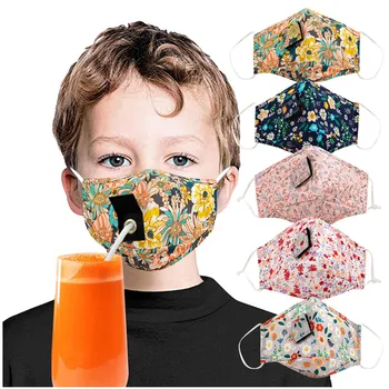 

Kids Boys Girls Reusable Face Mask with Hole for Straw Mouth Cover Cloth Mouth Mask Washable Breathable Face Shield
