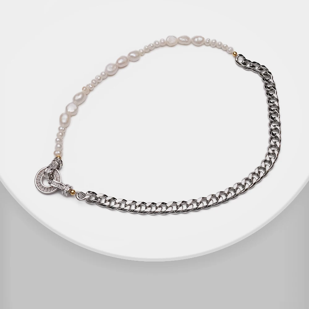 Amorita boutique fashion Natural pearl chain stitching design metal necklace