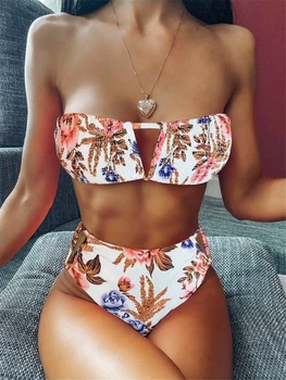 

Tube top Bikini Swimsuit Sexy Off Shoulder Swimwear Women Leaf Print Bathing Suits Beach Wear 2020 New Monokini Swim Suit
