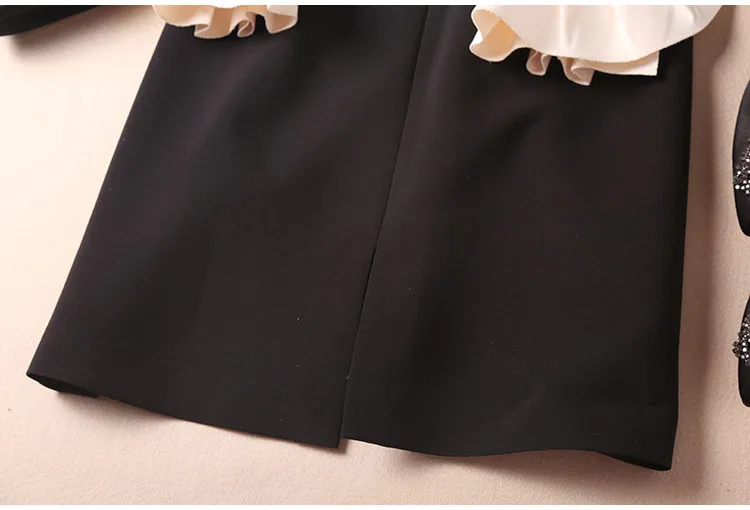 Women plus size dress XXL new winter designer vintage French style color block ruffles flare long sleeve black dresses