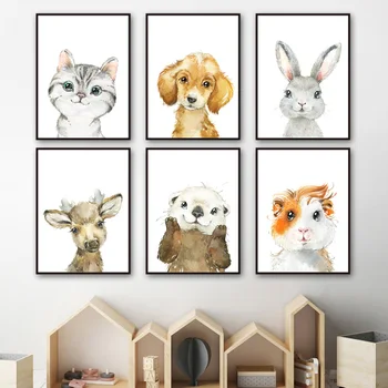 

Nursery Wall Art Canvas Painting Rabbit Cat dog Guinea Pig Moose Otter Nordic Posters And Prints Wall Pictures Kids Room Decor