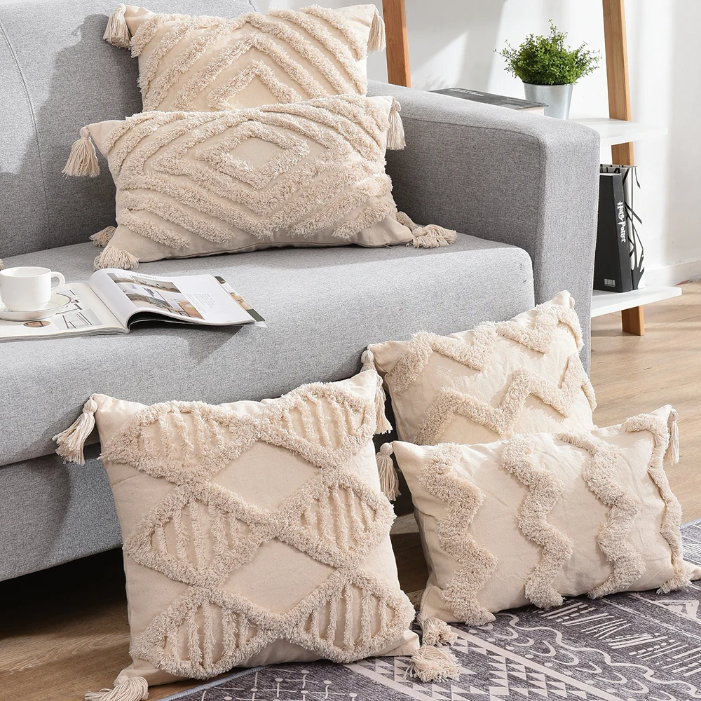 Cushion-Cover Decorative Pillow-Case Sofa Tassels Beige Living-Room Handmade for Bed