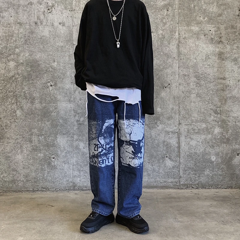 

2019 Spring And Autumn Retro Tide Men's Knee Big Print Jeans Japanese Personality INS Fashion Casual Pants Blue M-2XL