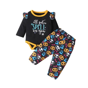 

0-18M Newborn Baby Girl Halloween Clothes 2Pcs Long Sleeve Ruffle Letter Romoper+ Cartoon Print Pants Cute Suit