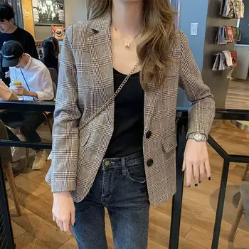 

PEONFLY Vintage Single Breasted Office Ladies Plaid Blazer Long Sleeve Loose Suit Coat Jacket Women Blazers Female 2020 Autumn