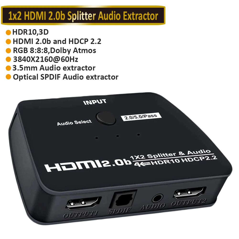 Divisor HDMI 1 en 2 salidas, amplificador de distribución HDMI 3D 4K UHD  1080P @60HZ Splitter 1x2 HDMI Duel pantalla Duel Duplicador Soporta HDCP