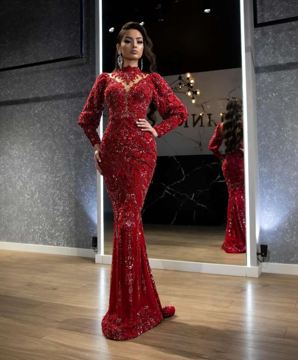 Robe de soirée en tulle rouge brillant pour mariage, robes de soirée perlées, robe formelle, train parfait, 2021