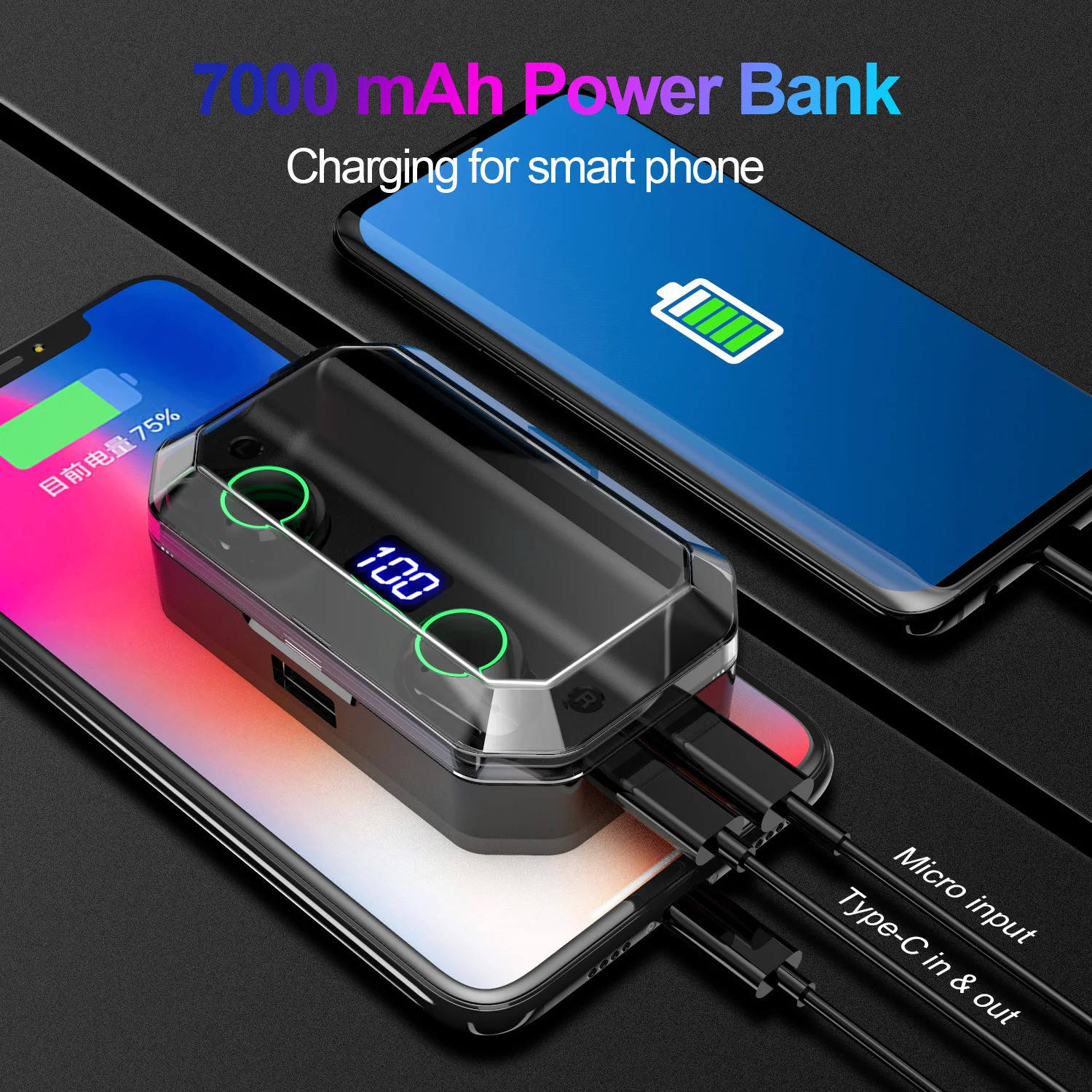 NBL 7200mAh TWS Bluetooth 5.0 Earphones 9D Stereo Wireless Earphones IPX7 Waterproof 7000mAh LED Smart Power Bank Phone Holder