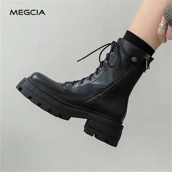 

MEGCIA Chunky Platform Boots Genuine Leather Martin Boots Women Lace Up Black Boots Square Toe Punk Shoes Zipper Winter New A54