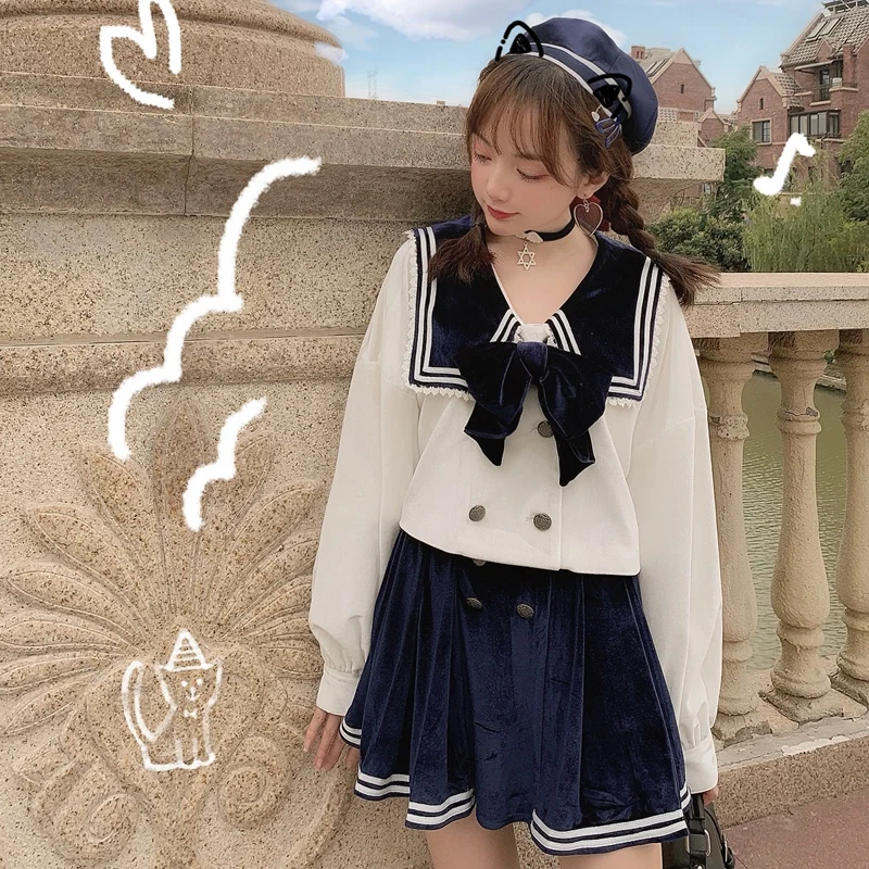 

Принцесса сладкий Лолита пальто Bobon21 Осень и Зима японский темно-синий воротник Униформа бархат двубортное пальто для женщин C1791