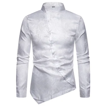 

Autumn men's wear evening long-sleeved shirt personality oblique button cashew flower irregular Henry collar high-grade shirt