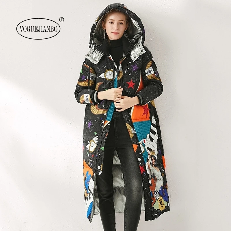 winter new print down jacket hooded thick warm star print long down jacket white duck down coat woman clothes ladies tops