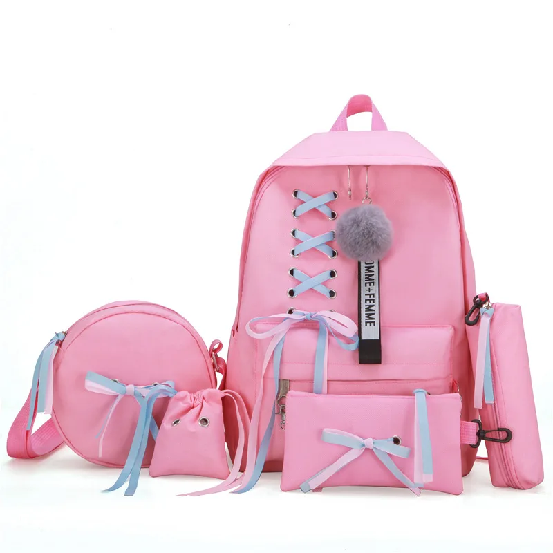 Student bag summer bow five piece set high school student bag Korean version large capacity Middle School Student Backpack - Цвет: A Pink