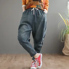 Женские джинсы осень зима Ретро свободные джинсы женский эластичный пояс поцарапанные винтажные повседневные джинсовые брюки