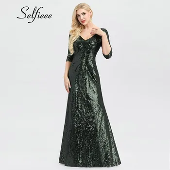 

New Fashion Sparkle Dark Green Women Dresses V-Neck 3/4 Sleeve Sequined Bodycon Little Mermaid Summer Dresses Robe Femme 2020