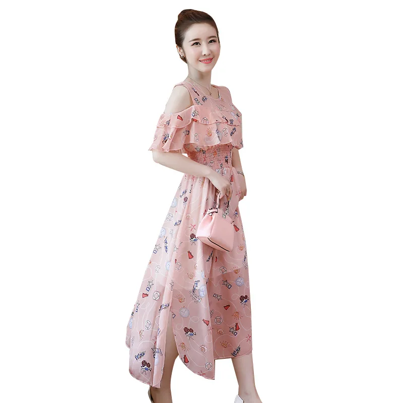 

Dress 2019 Spring And Summer New Style Floral-Print Chiffon Mid-length Korean-style Elegant Slimming Immortal Strapped Dress Wom