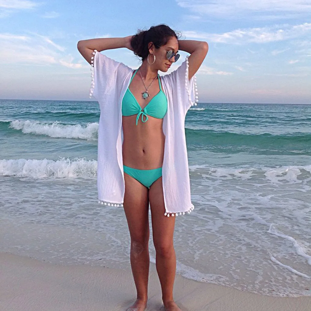 Женское однотонное бикини с помпонами, пляжный шифоновый купальник, свободное пляжное платье, пляжный купальник, парео, Saida De Praia - Цвет: Белый