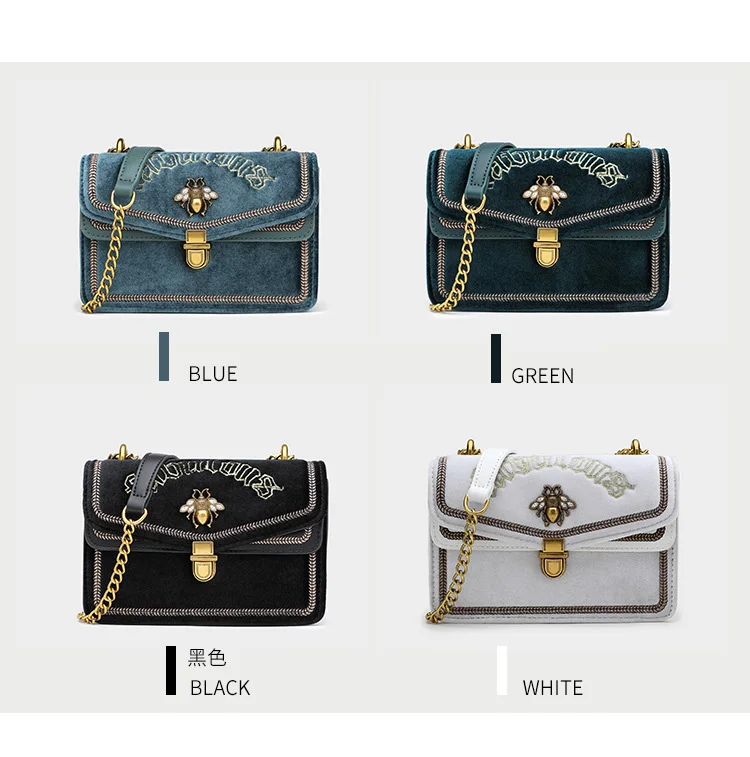 Black Blue Green Luxury Embroidered Velvet Handbag for Women Brand Gold Chain Shoulder Bags Female Small Bee Lock Cross body Bag (11)