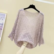 

ms v-neck sweater loose languid is lazy wind thin with western style hollow out knitting render unlined upper garment