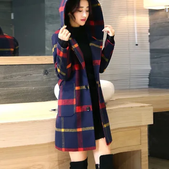 

Droppshiping Women Grid Hooded Overcoat Long Sleeve Slim Fit Woolen Coats Windproof Warm Outwear J55