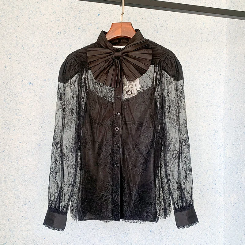 

Korean Fashion Lace Top Shirt Ladies Sexy See-Through Mesh Beaded Bow Black Long-Sleeved Top 2023 Women Summer New