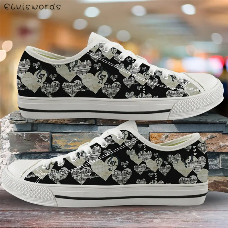 

ELVISWORDS Classic Women Canvas Shoes Vintage Music Notes Print Spring Low Top Sneakers Fashion Vulcanize Shoes for Ladies Girls