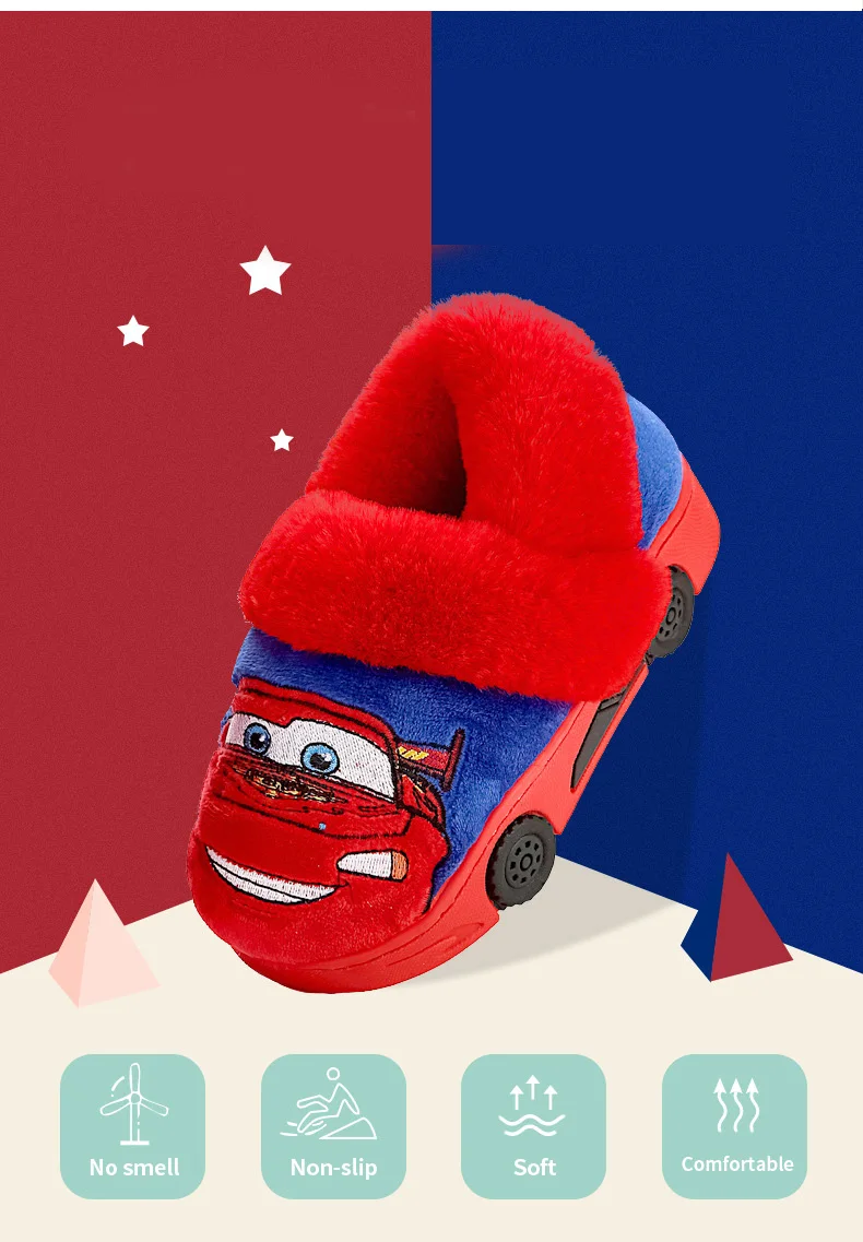 Disney Children Cotton Slippers Winter Cartoon McQueen Car Cotton Shoes Home Soft Cotton Slippers