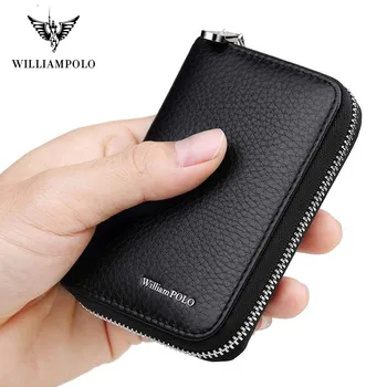 

WILLIAMPOLO Men Credit Card Holders Luxury Brand Real Leather Card Wallet Fashion Zipper Design Id Holder Card Bag Cow Leather