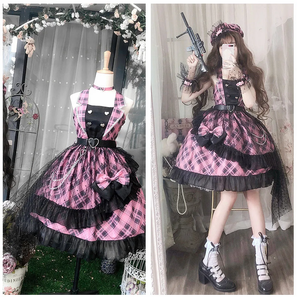 ロリータ恋人狙撃パンクアイドル黒クールガールjskサスペンダードレスコスプレ夏原宿ゴシックレトロパーティーチェック柄ドレス Aliexpress レディース衣服