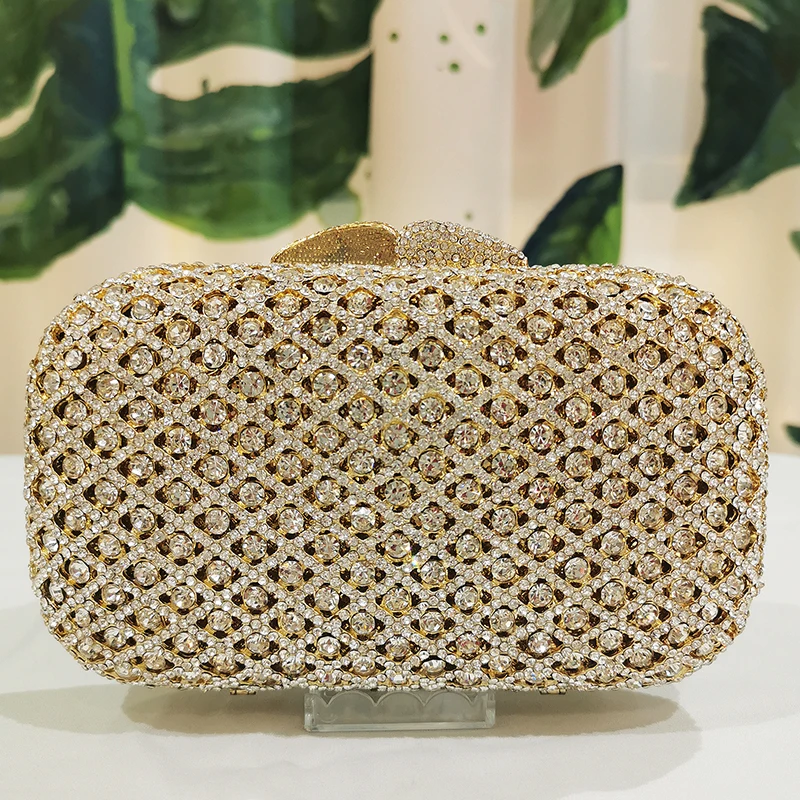 White Rhinestone Purse Crystal Evening Clutch Bag Gold Metal Women