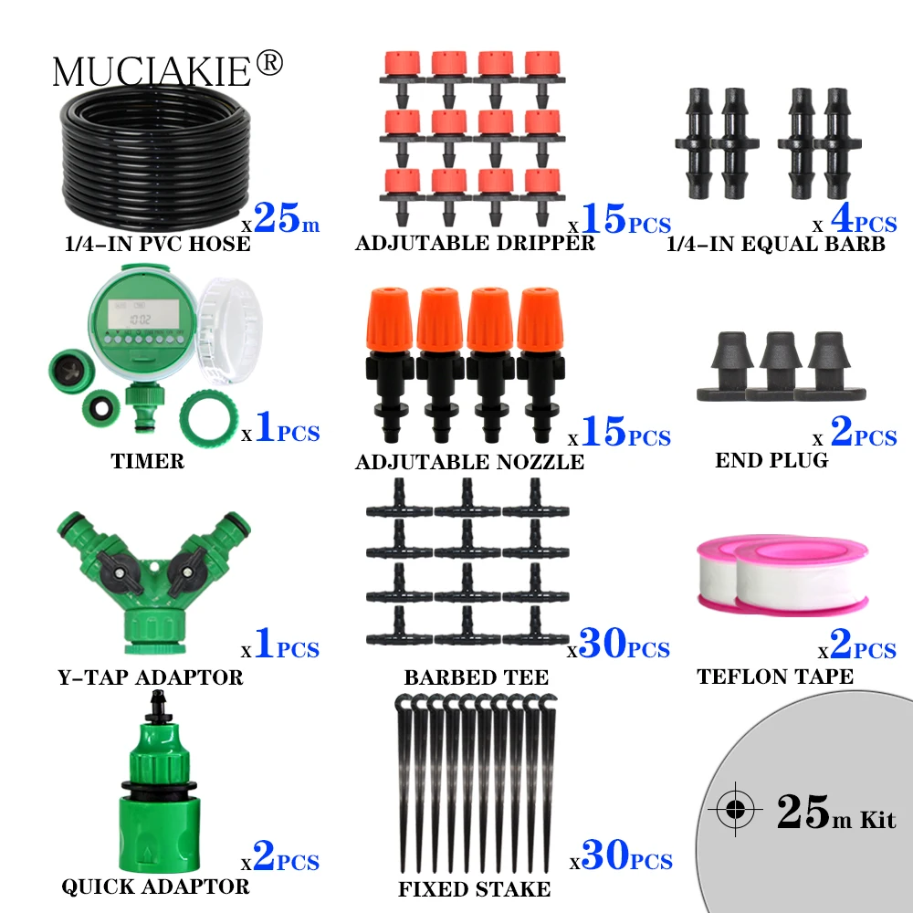 MUCIAKIE 1/" шланг микро капельный туман автоматический полив комплект Сад таймер интеллект орошение система охлаждения Регулируемая капельница - Цвет: 25M 4l7 Timer Kits