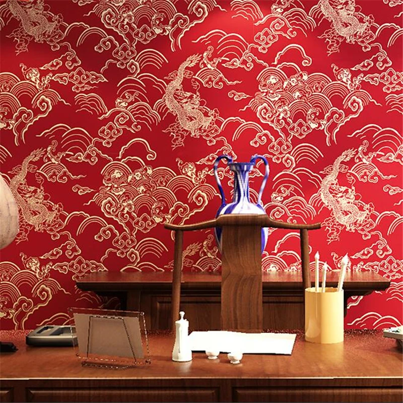 Beibehang Chinese style dragon pattern classical Zen Chinese style tea house porch study Buddha Temple TV background wallpaper