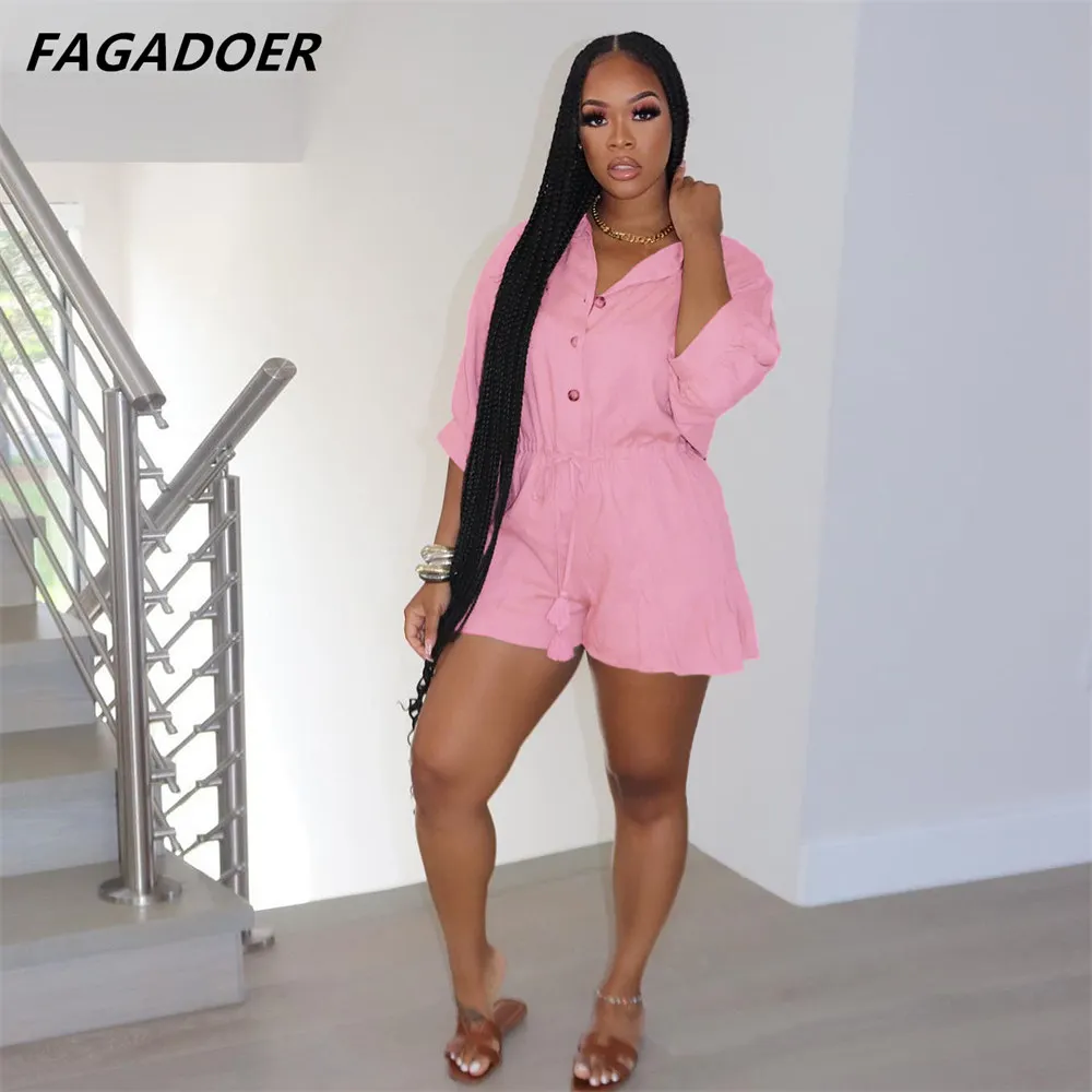 Fagadoer Solid Casual Rompers Loose 2021 Summer Elegant Women V Neck Drawstring Playsuits Buttons Ruffle Jumpsuit Shorts women sets mid sleeve denim jumpsuit buttons women summer 2021 new one piece suit femme lace up playsuit female pocket pants set