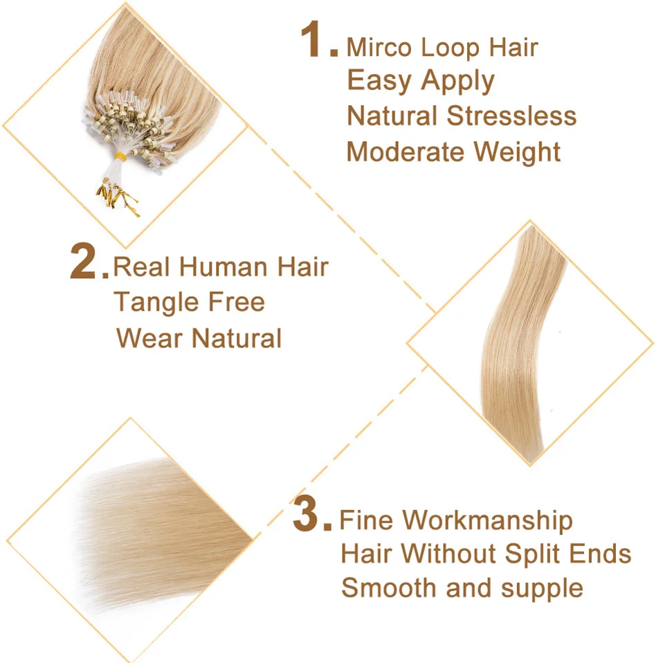 S-noilite 16"-24" Non-Remy Human Hair 100Strands Straight Micro Bead Loop Ring Hair Extension Black Bleach Blonde 0.5g Hairpiece