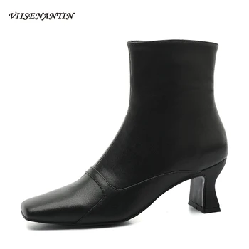 

Square Toe New Skinny Thick High Heel Genuine Leather Nude Ankle Boots British Side Zipper Snake Pattern Breathable Shoes Women