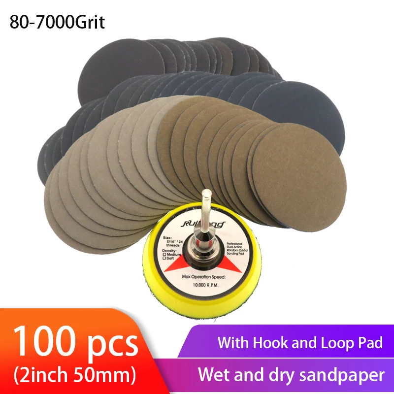Surtido de lijas de secado húmedo, disco para lijadora de arena 80-100, 2 pulgadas, 50mm, con gancho y almohadilla de lijado de bucle para madera, 7000 Uds.
