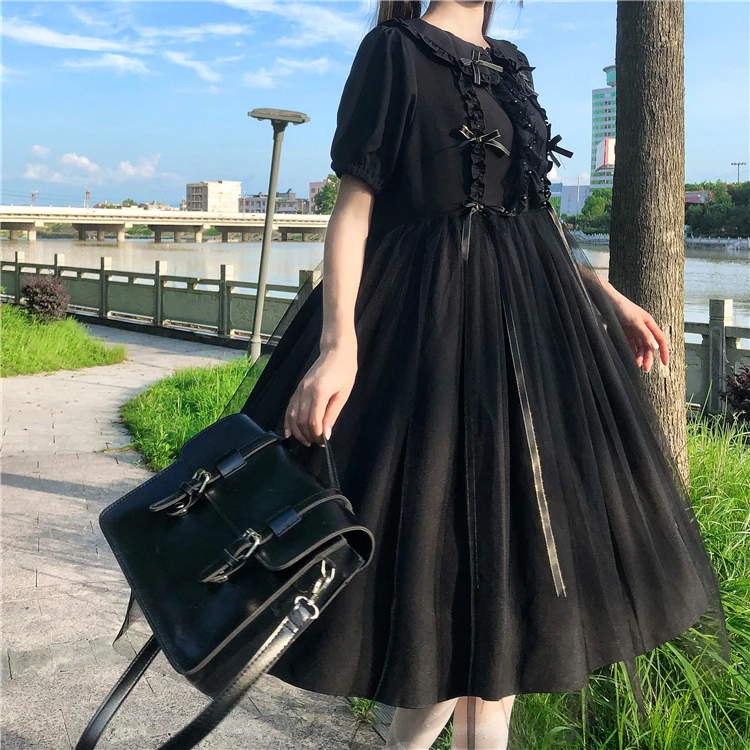 Japanese Summer Vintage College Style Dress Sweet Peter Pan Collar Soft Girl Bow Kawaii Puff Sleeve Black Gauze Fluffy Dresses