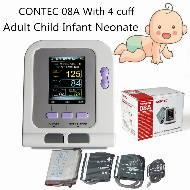 Blood pressure monitor CONTEC08A with 4 cuff digital color LCD for adult child infant, blood pressure monitor, blood pressure meter