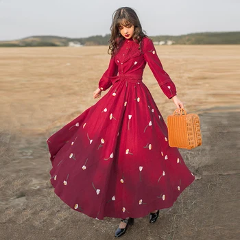 

HAMALIEL High Quality Fall Winter Corduroy Swing Long Dress Elegant Women Floral Embroidery Lantern Sleeve Holiday Belt Vestidos