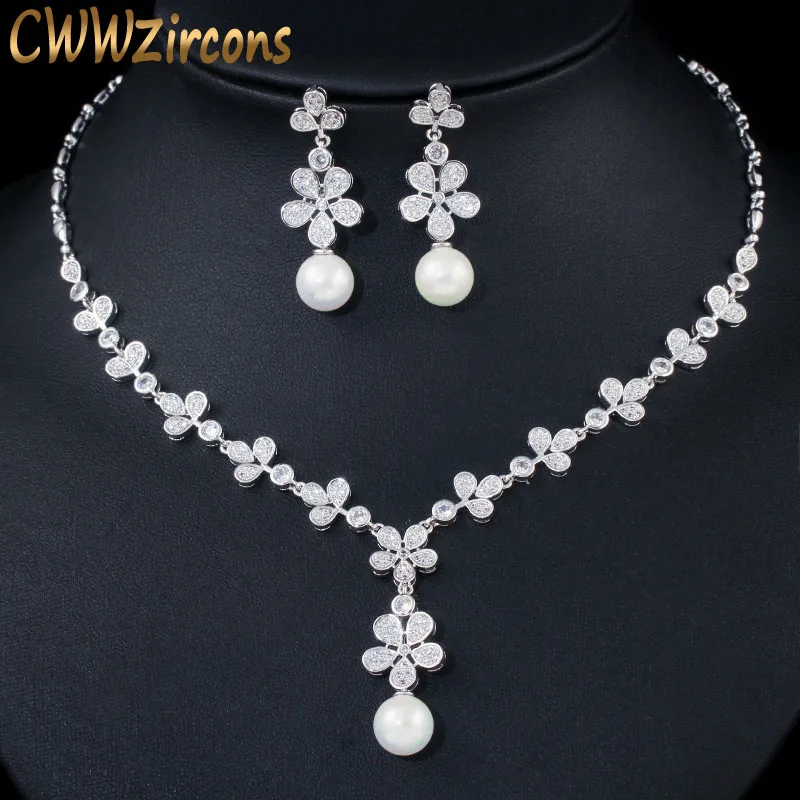 

CWWZircons Cubic Zirconia Paved Leaf Flower Drop Pearl Party Necklace Earrings Jewelry Sets for Women Wedding Banquet T367