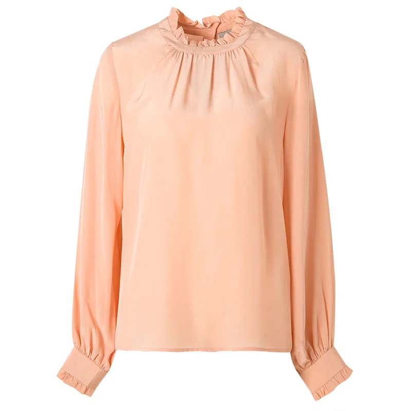Orange Pink SuyaDream, женские блузки со стоячим воротником, шелк, креп, длинный рукав, одноцветная офисная блузка, рубашка, весна, офисные женские белые рубашки - Цвет: Orange Pink