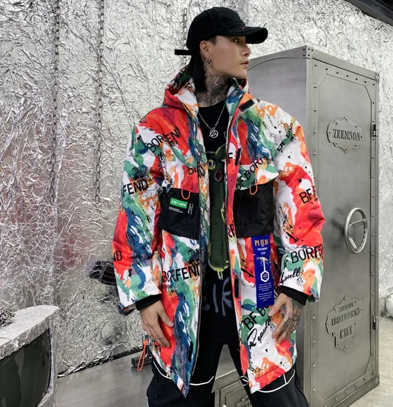 ABOORUN Мужская разноцветная уличная куртка и пальто в стиле хип-хоп, зимняя длинная парка с капюшоном, модная ветровка, пальто для мужчин R2749