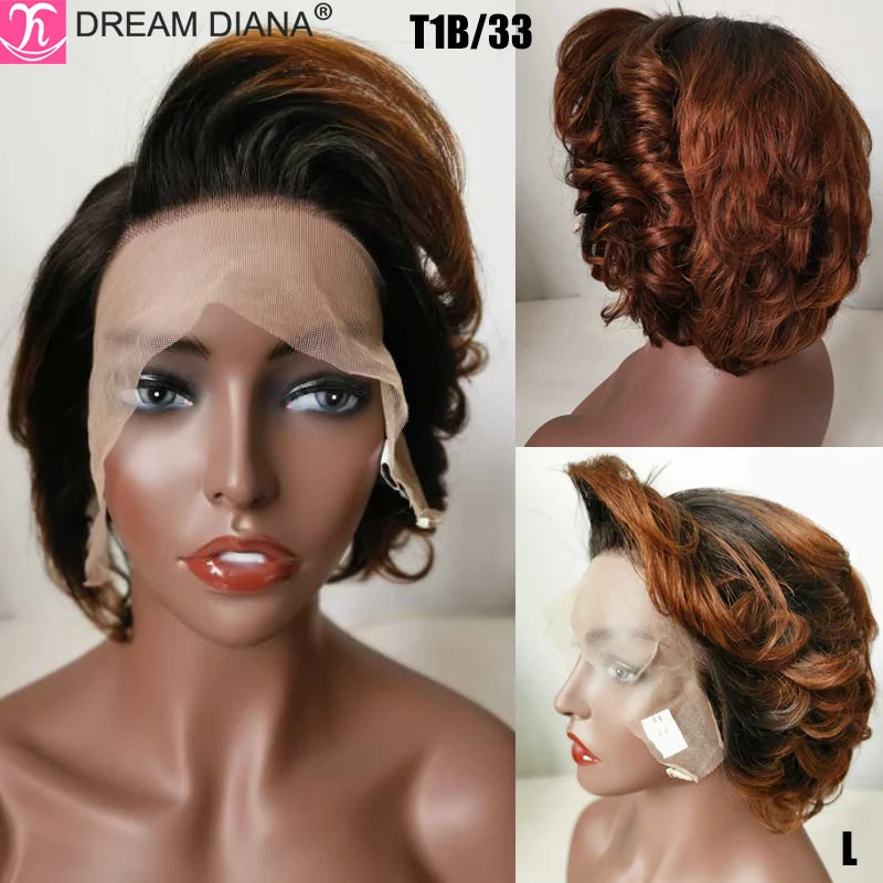 DreamDianan 100% Human Hair Wigs 8" Short Pixie Cut Curly Hair Lace Front Wig Ombre 13X4 Lace Frontal Human Water Wavy Wigs