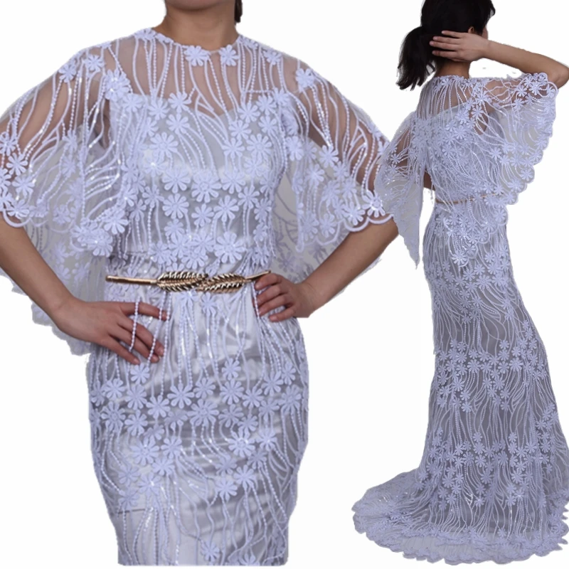 

SJD LACE Pure White French Lace Fabric Floating Flower African Lace Fabric High Quality Sequins Milk Silk Lace For Party A1805